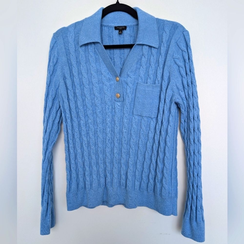 Talbots Petite Cable Knit Johnny Collar Sweater Pocket Detail FA2023 Blue Sz LP
